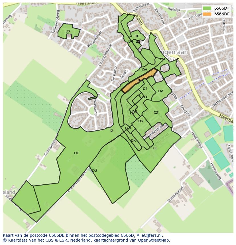 Afbeelding van het postcodegebied 6566 DE op de kaart.