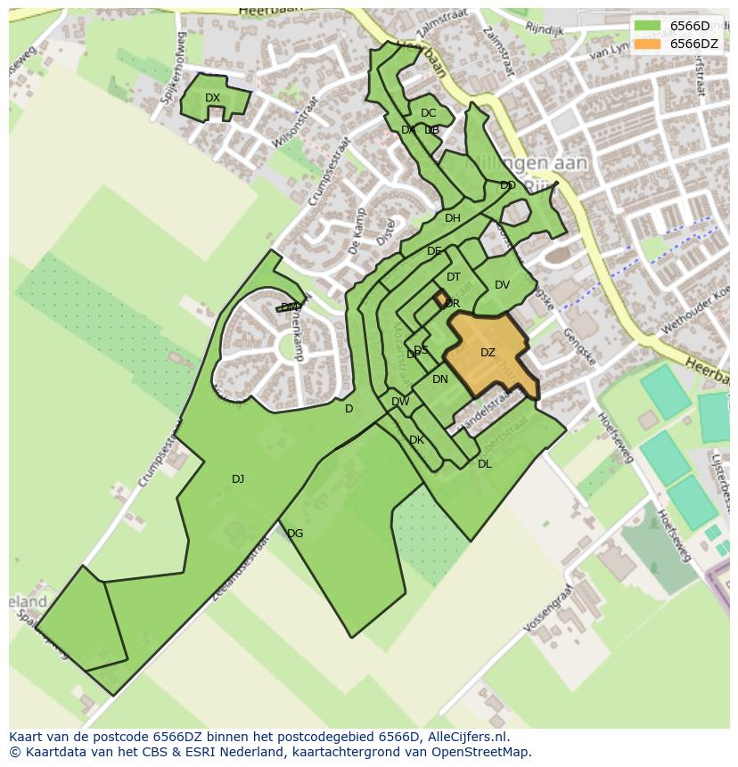Afbeelding van het postcodegebied 6566 DZ op de kaart.