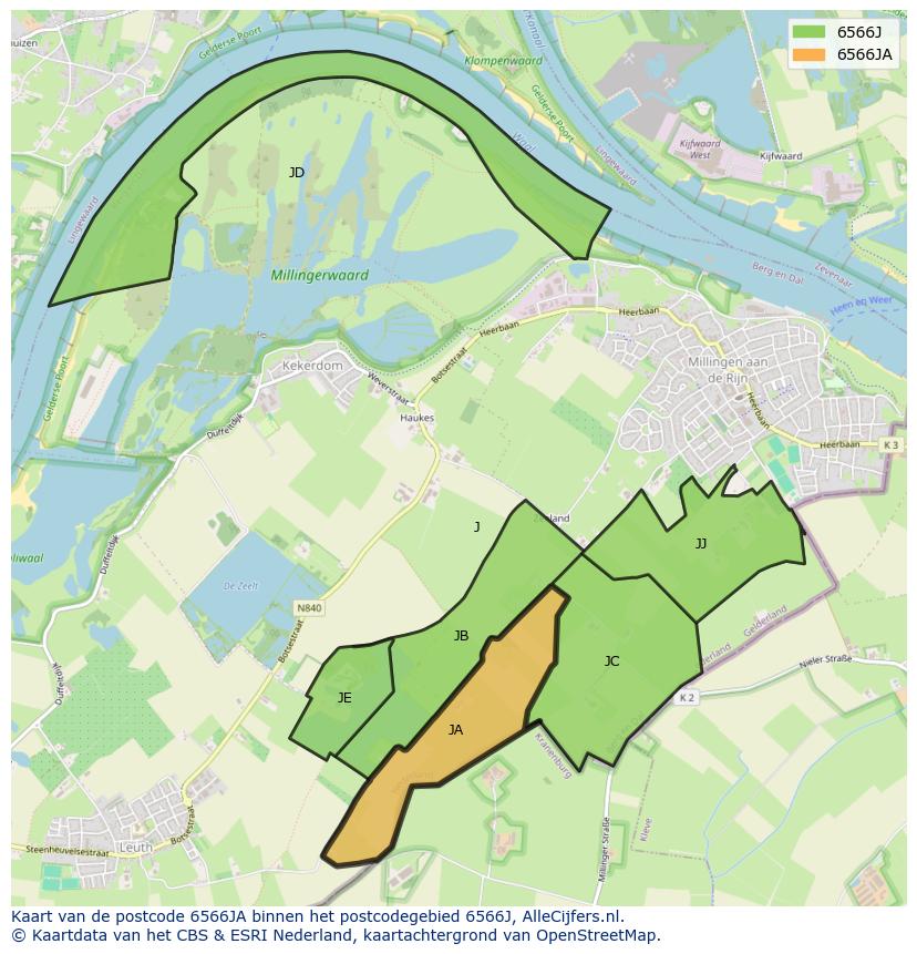 Afbeelding van het postcodegebied 6566 JA op de kaart.