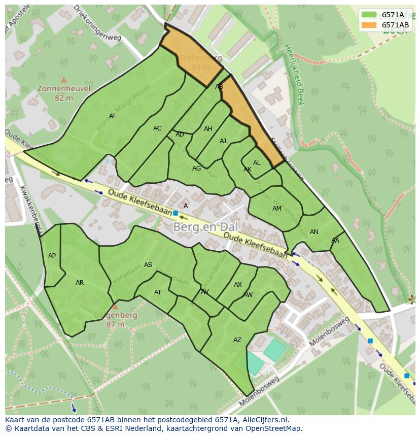 Afbeelding van het postcodegebied 6571 AB op de kaart.