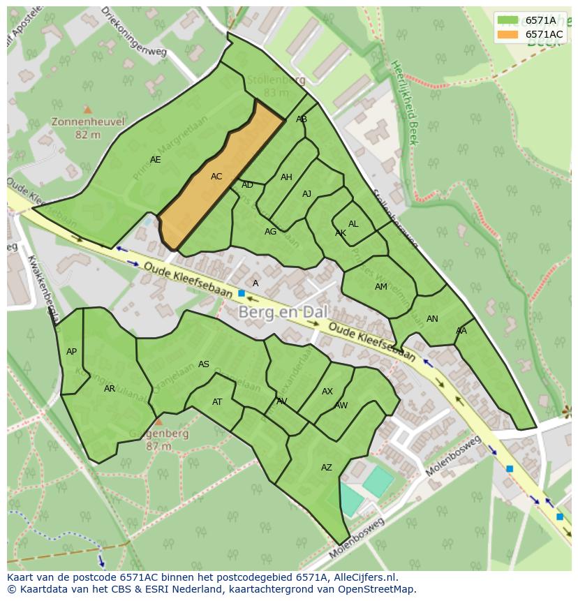 Afbeelding van het postcodegebied 6571 AC op de kaart.