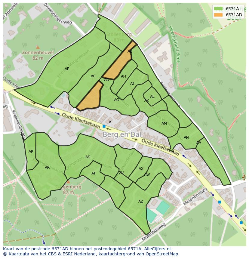 Afbeelding van het postcodegebied 6571 AD op de kaart.
