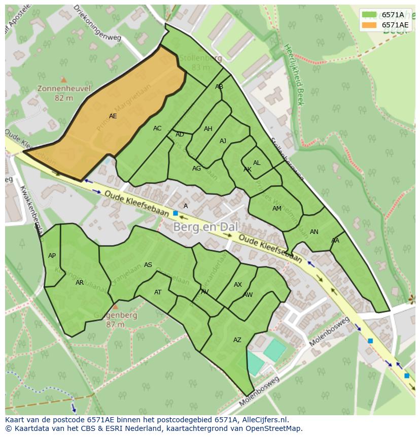 Afbeelding van het postcodegebied 6571 AE op de kaart.