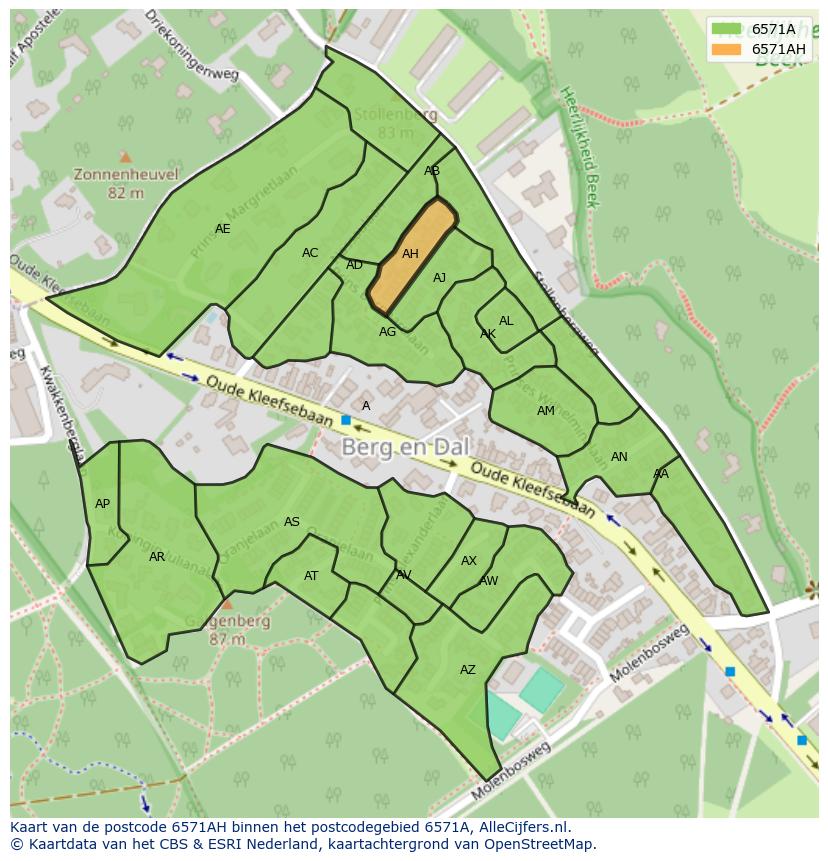 Afbeelding van het postcodegebied 6571 AH op de kaart.