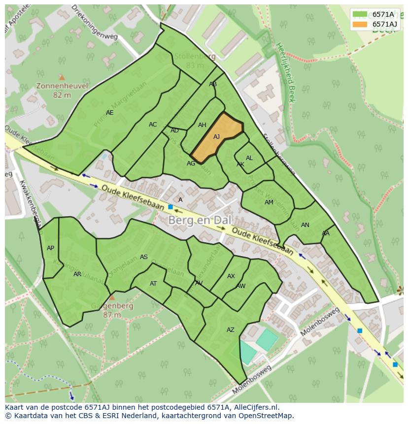 Afbeelding van het postcodegebied 6571 AJ op de kaart.
