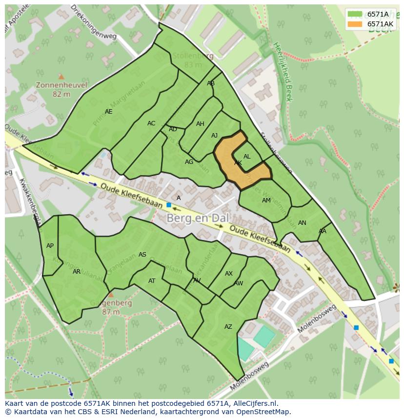 Afbeelding van het postcodegebied 6571 AK op de kaart.