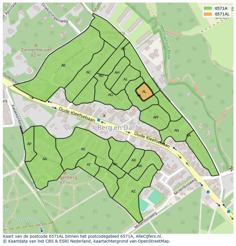 Afbeelding van het postcodegebied 6571 AL op de kaart.