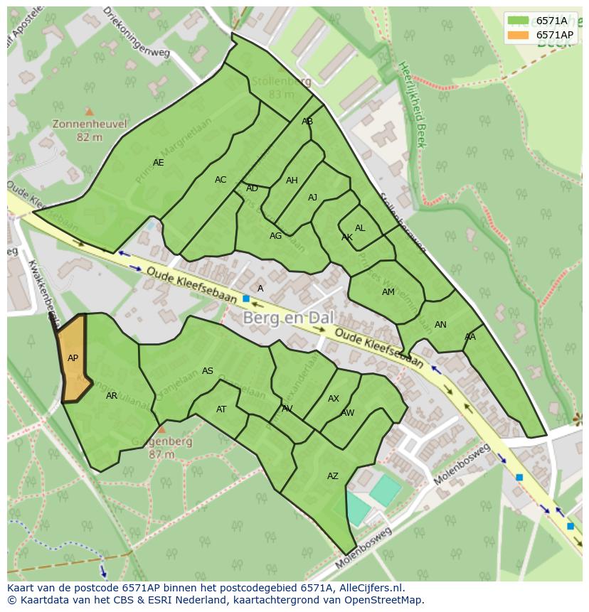 Afbeelding van het postcodegebied 6571 AP op de kaart.