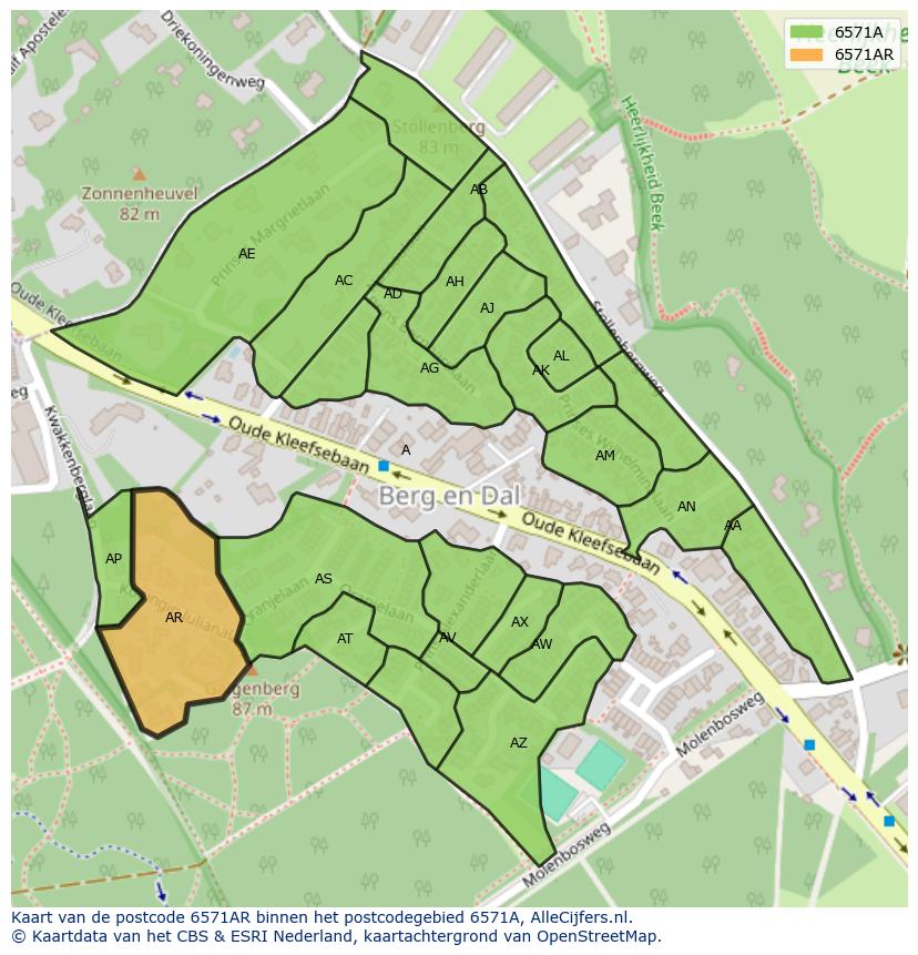 Afbeelding van het postcodegebied 6571 AR op de kaart.