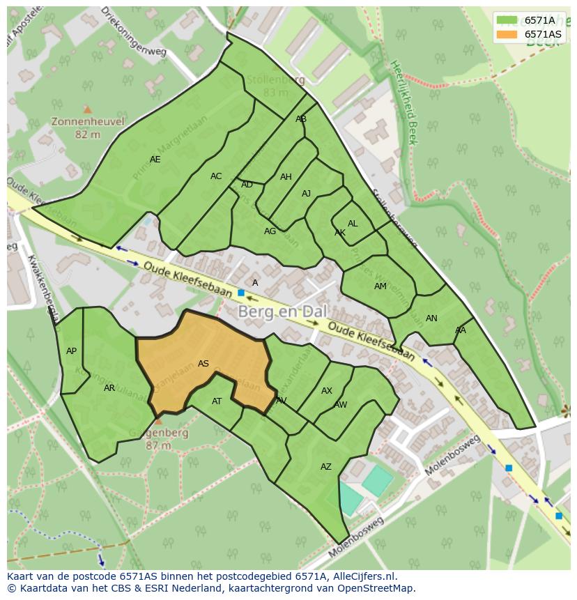 Afbeelding van het postcodegebied 6571 AS op de kaart.