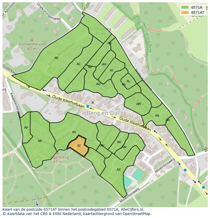 Afbeelding van het postcodegebied 6571 AT op de kaart.