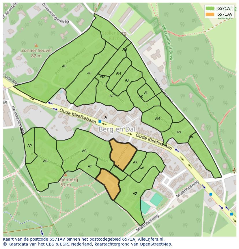 Afbeelding van het postcodegebied 6571 AV op de kaart.