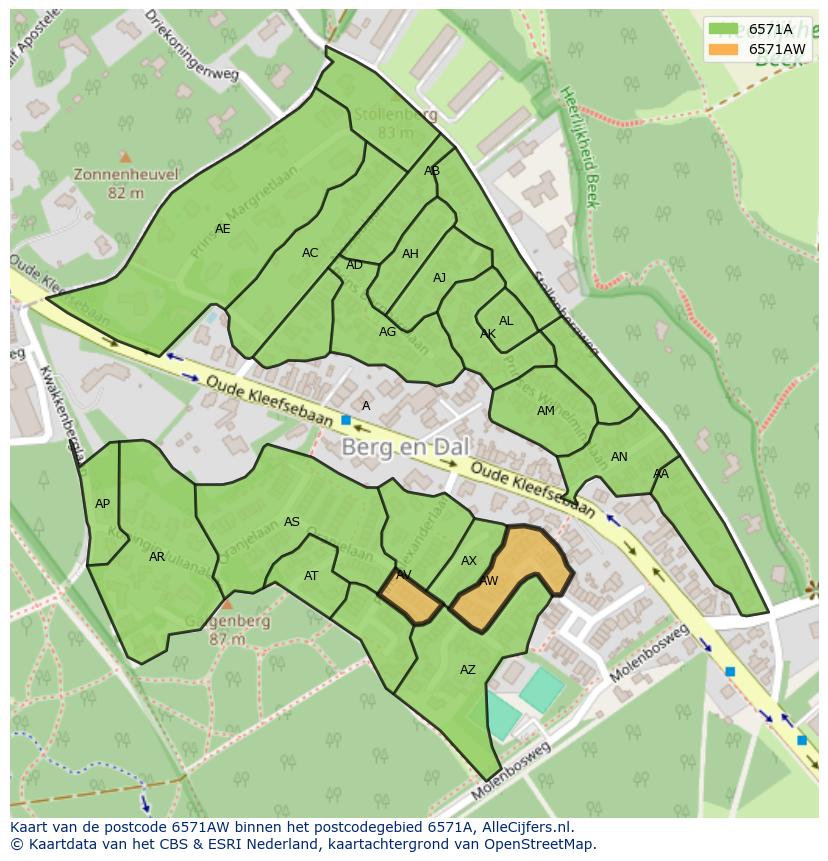 Afbeelding van het postcodegebied 6571 AW op de kaart.