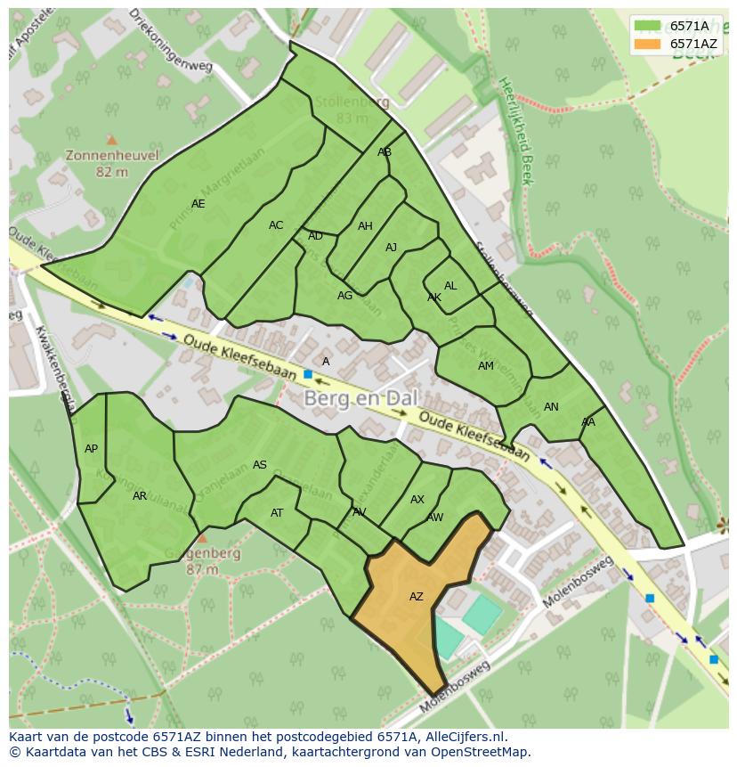 Afbeelding van het postcodegebied 6571 AZ op de kaart.