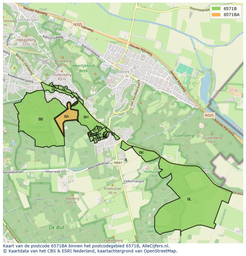 Afbeelding van het postcodegebied 6571 BA op de kaart.