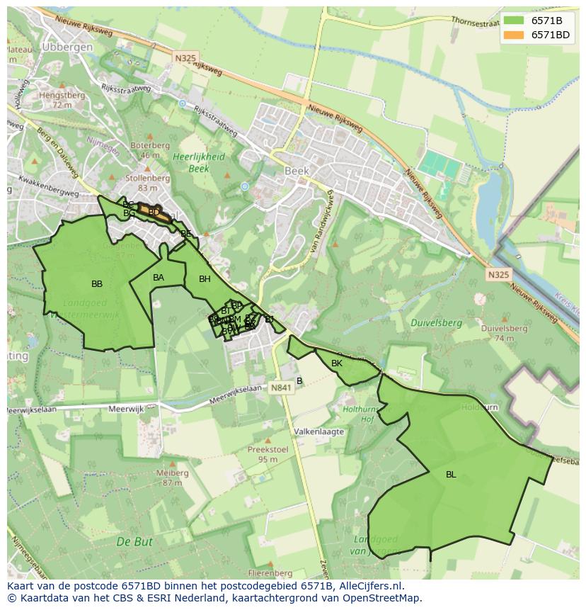 Afbeelding van het postcodegebied 6571 BD op de kaart.