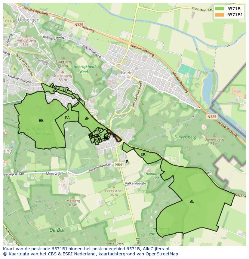 Afbeelding van het postcodegebied 6571 BJ op de kaart.