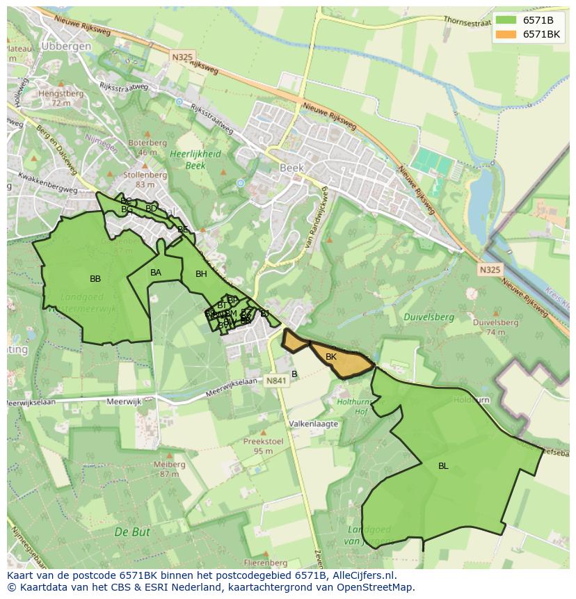 Afbeelding van het postcodegebied 6571 BK op de kaart.
