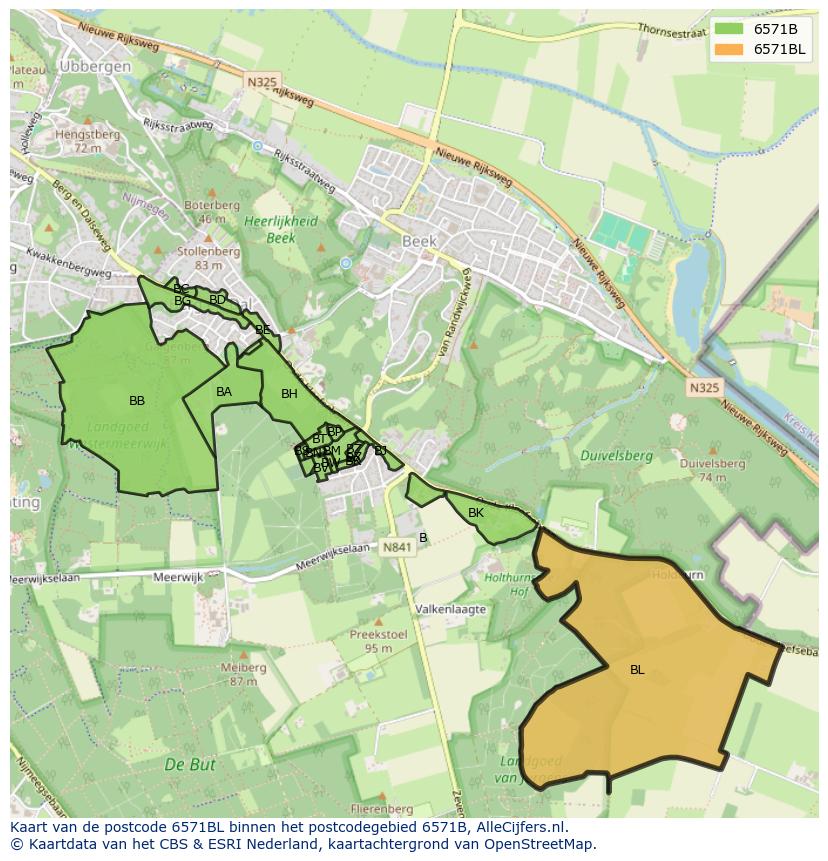 Afbeelding van het postcodegebied 6571 BL op de kaart.
