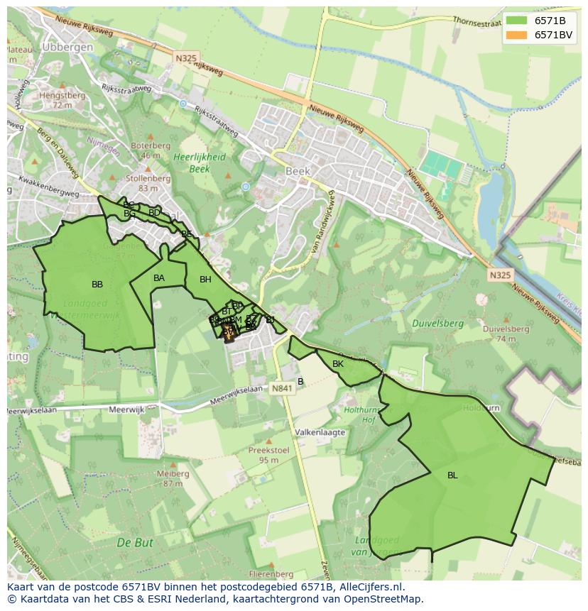 Afbeelding van het postcodegebied 6571 BV op de kaart.
