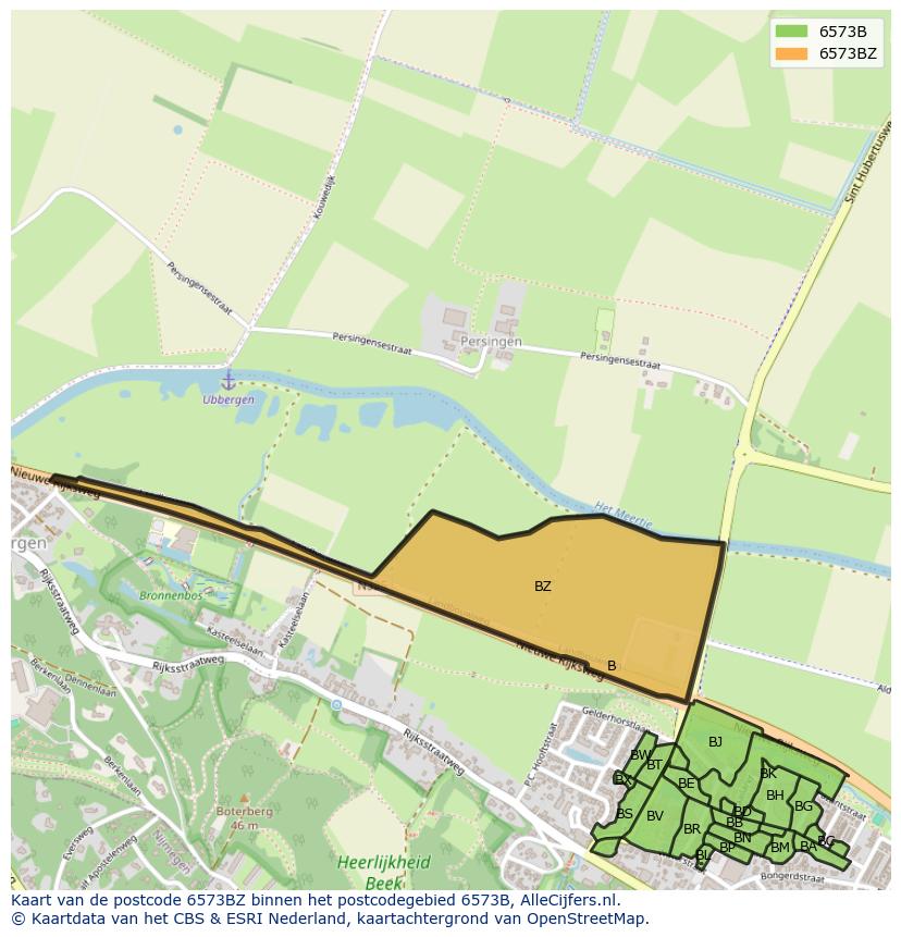 Afbeelding van het postcodegebied 6573 BZ op de kaart.