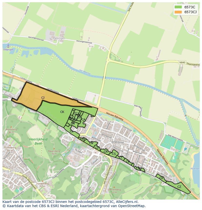 Afbeelding van het postcodegebied 6573 CJ op de kaart.