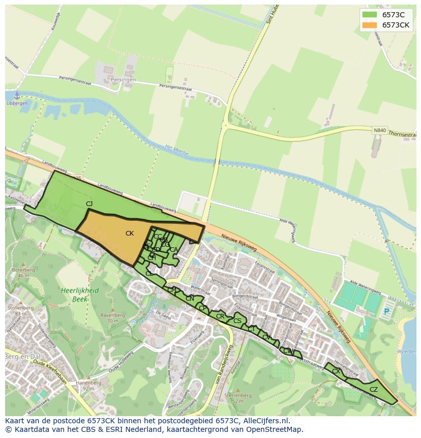Afbeelding van het postcodegebied 6573 CK op de kaart.