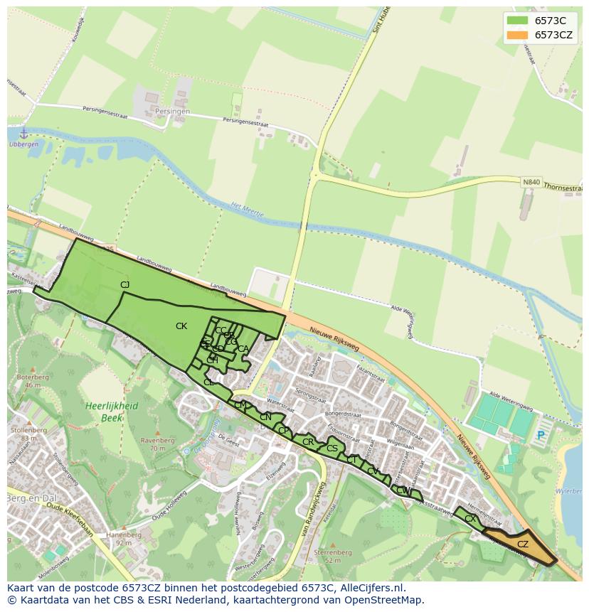Afbeelding van het postcodegebied 6573 CZ op de kaart.