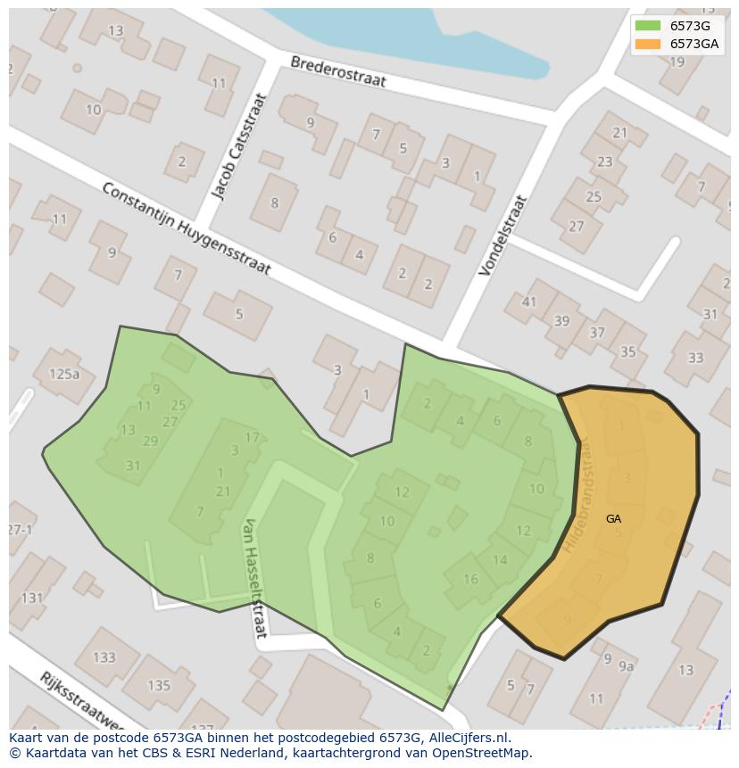 Afbeelding van het postcodegebied 6573 GA op de kaart.