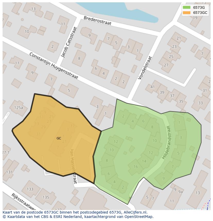 Afbeelding van het postcodegebied 6573 GC op de kaart.