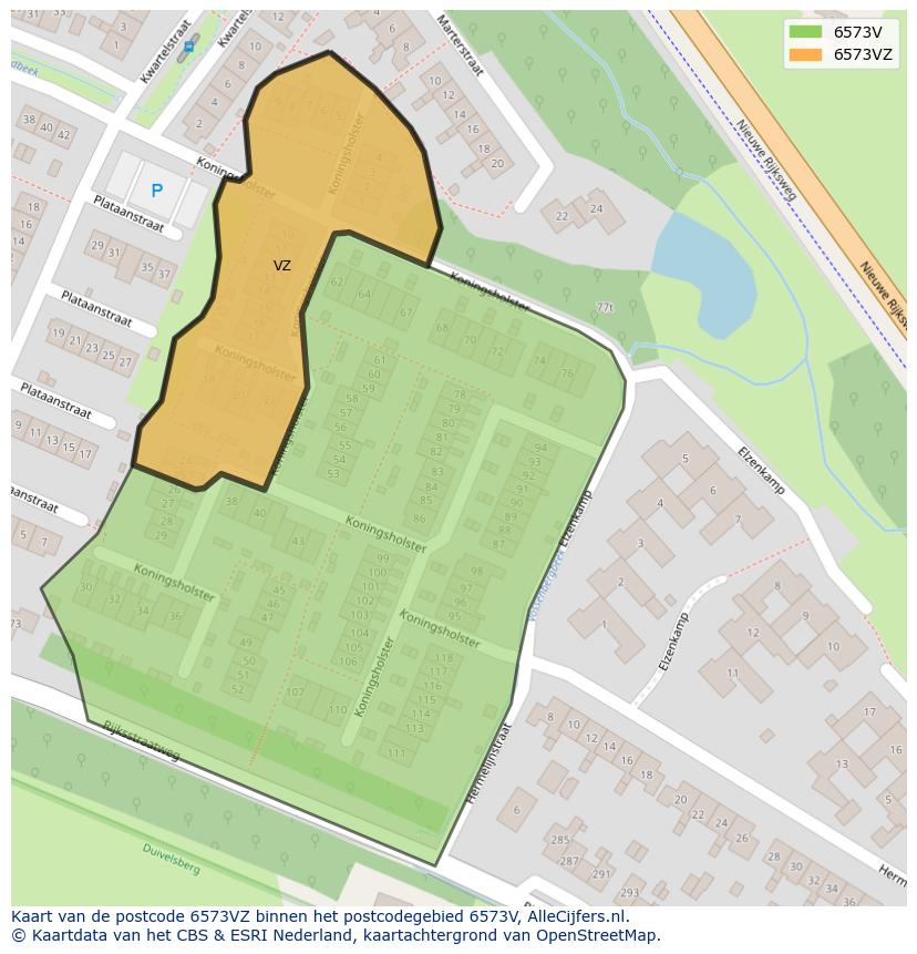 Afbeelding van het postcodegebied 6573 VZ op de kaart.