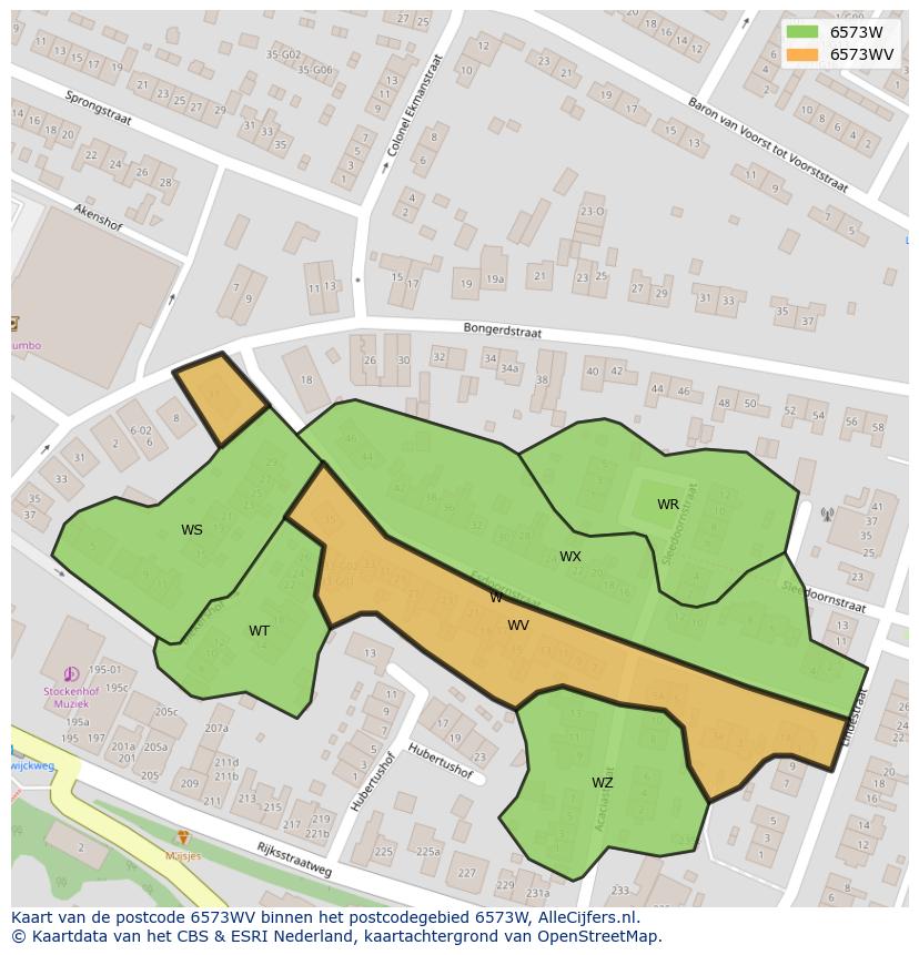Afbeelding van het postcodegebied 6573 WV op de kaart.