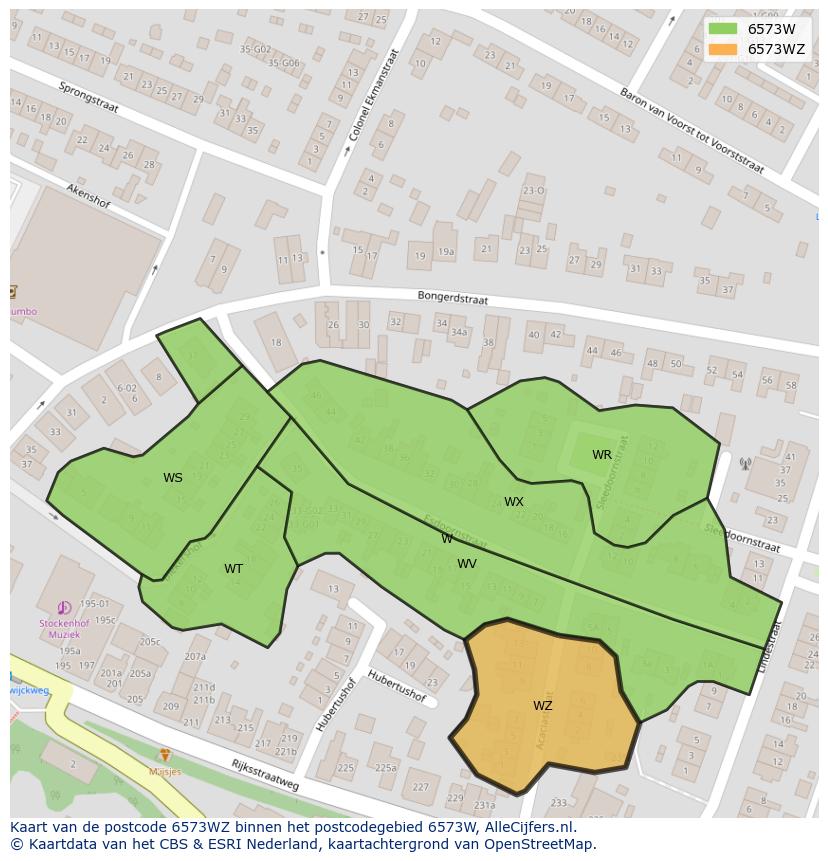 Afbeelding van het postcodegebied 6573 WZ op de kaart.