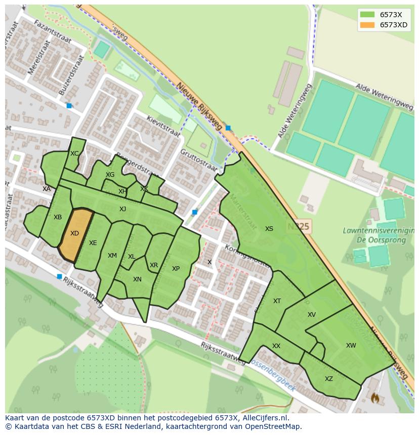 Afbeelding van het postcodegebied 6573 XD op de kaart.