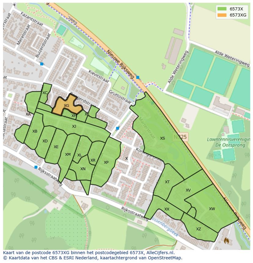 Afbeelding van het postcodegebied 6573 XG op de kaart.