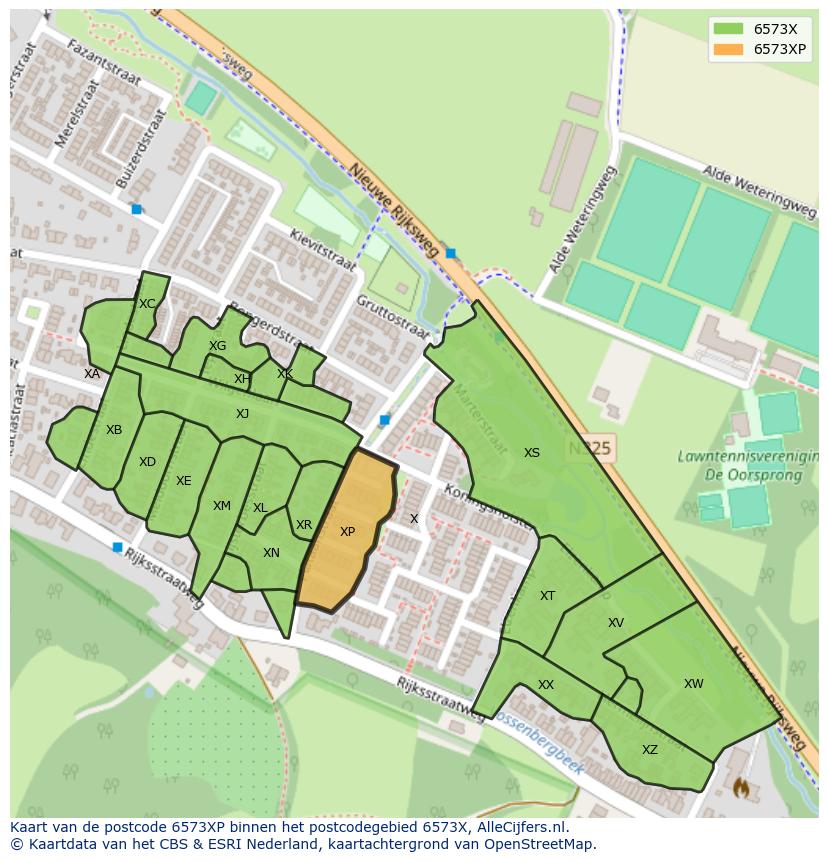 Afbeelding van het postcodegebied 6573 XP op de kaart.