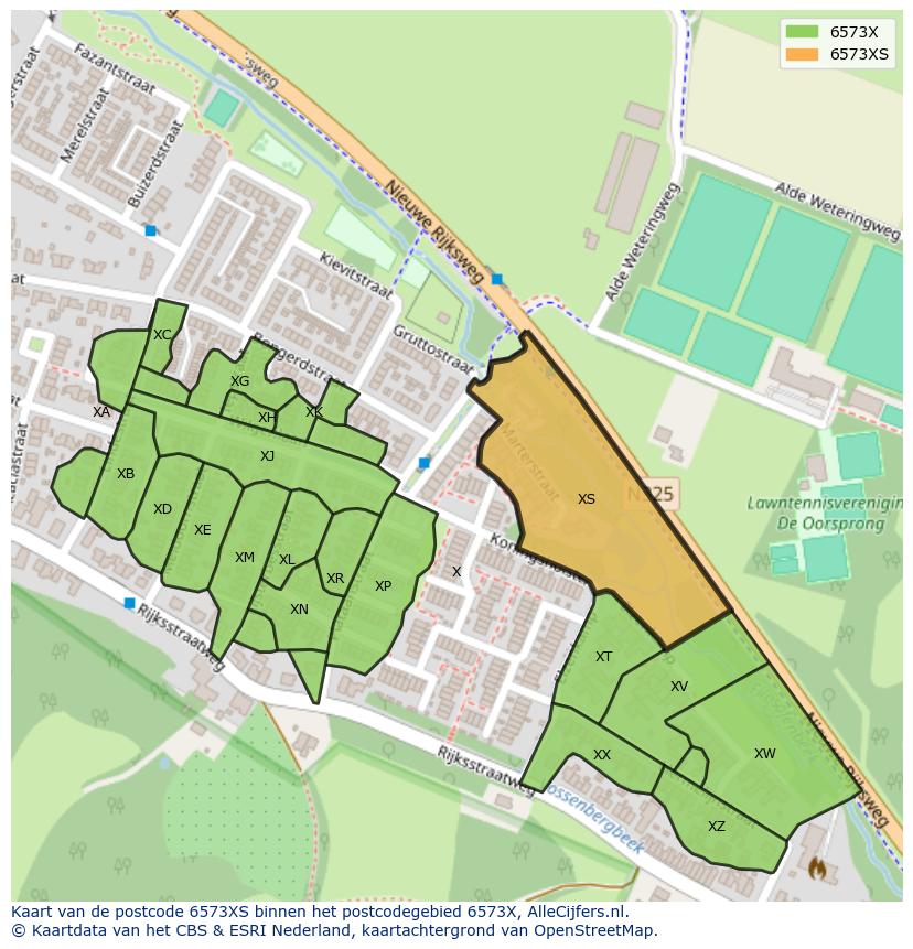 Afbeelding van het postcodegebied 6573 XS op de kaart.