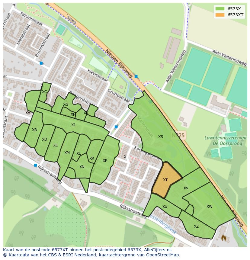 Afbeelding van het postcodegebied 6573 XT op de kaart.