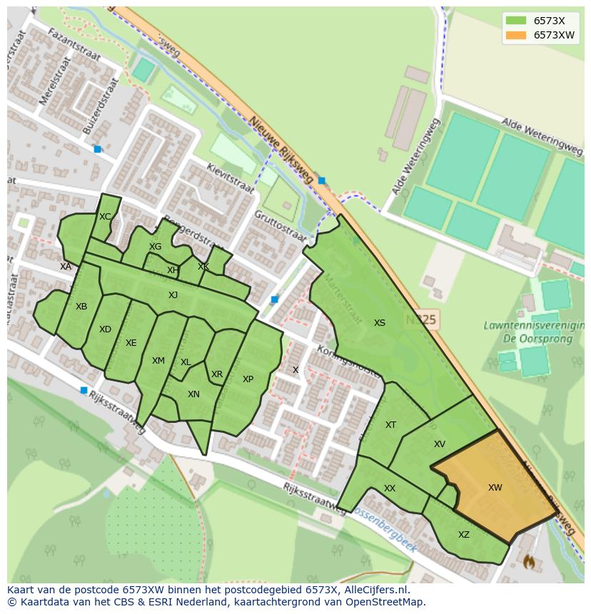 Afbeelding van het postcodegebied 6573 XW op de kaart.