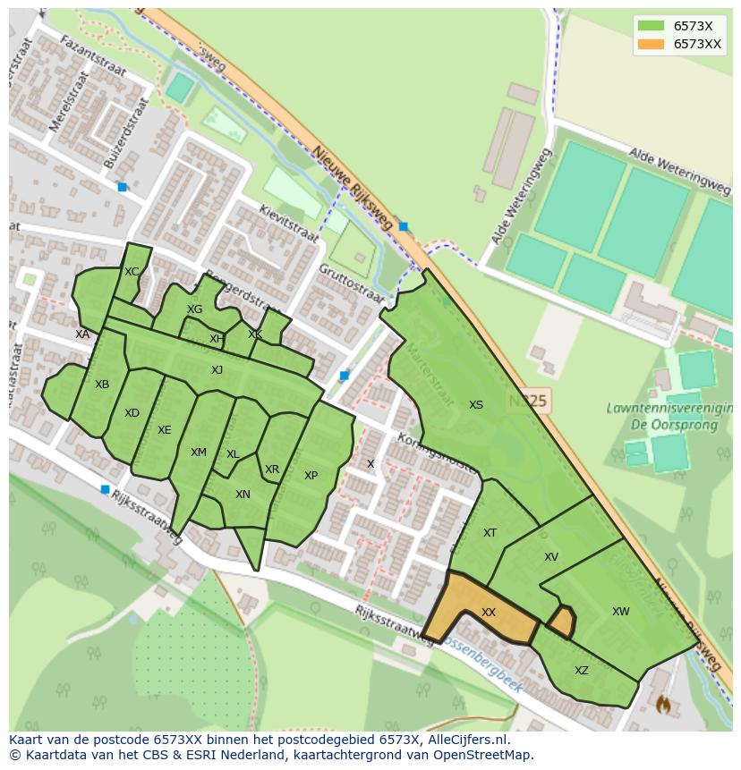 Afbeelding van het postcodegebied 6573 XX op de kaart.