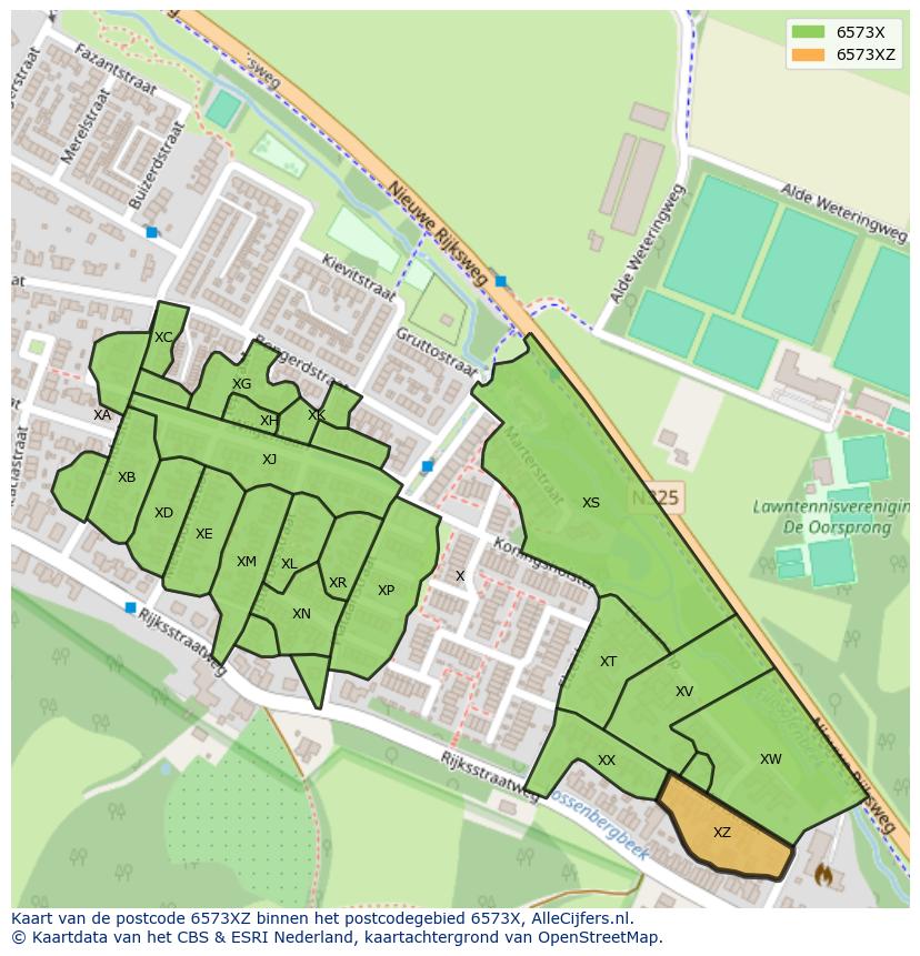 Afbeelding van het postcodegebied 6573 XZ op de kaart.