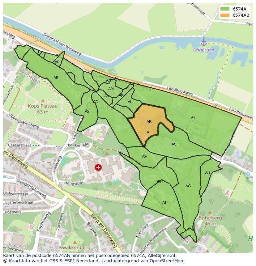 Afbeelding van het postcodegebied 6574 AB op de kaart.