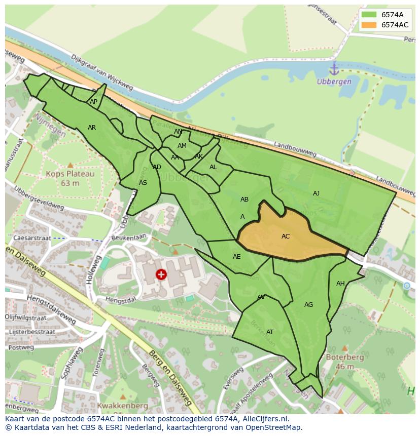Afbeelding van het postcodegebied 6574 AC op de kaart.