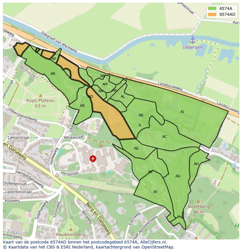 Afbeelding van het postcodegebied 6574 AD op de kaart.