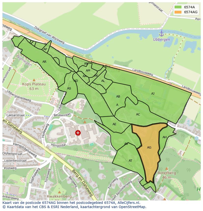 Afbeelding van het postcodegebied 6574 AG op de kaart.