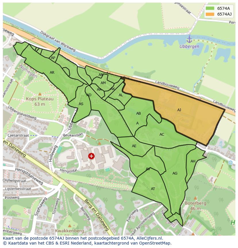Afbeelding van het postcodegebied 6574 AJ op de kaart.