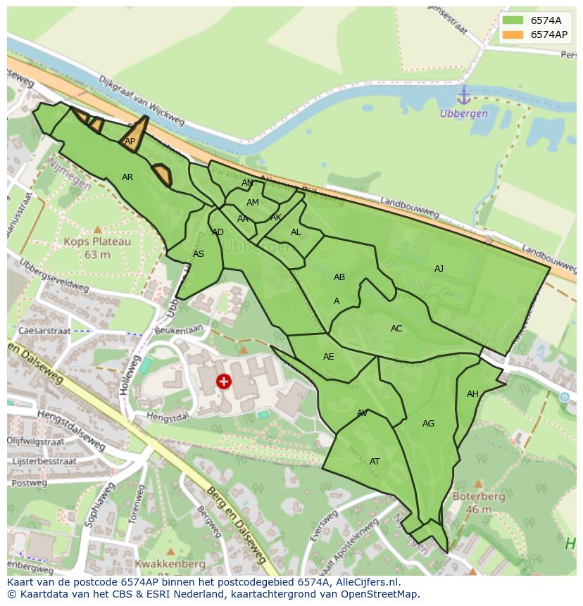Afbeelding van het postcodegebied 6574 AP op de kaart.