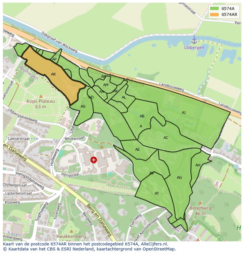 Afbeelding van het postcodegebied 6574 AR op de kaart.