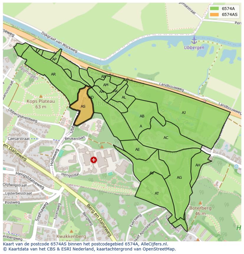 Afbeelding van het postcodegebied 6574 AS op de kaart.