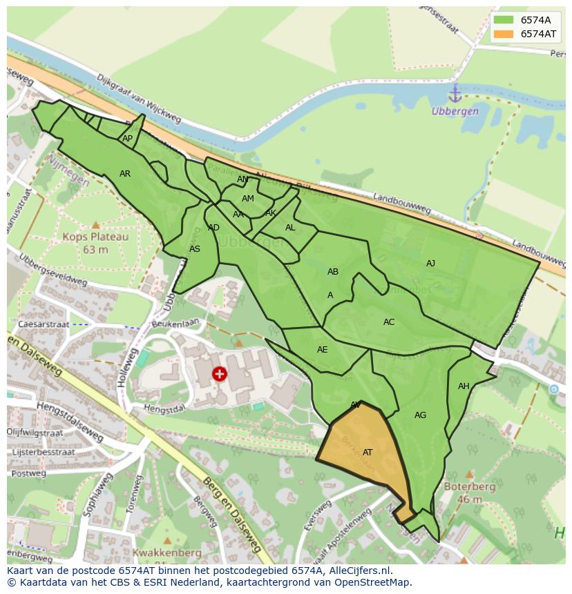 Afbeelding van het postcodegebied 6574 AT op de kaart.